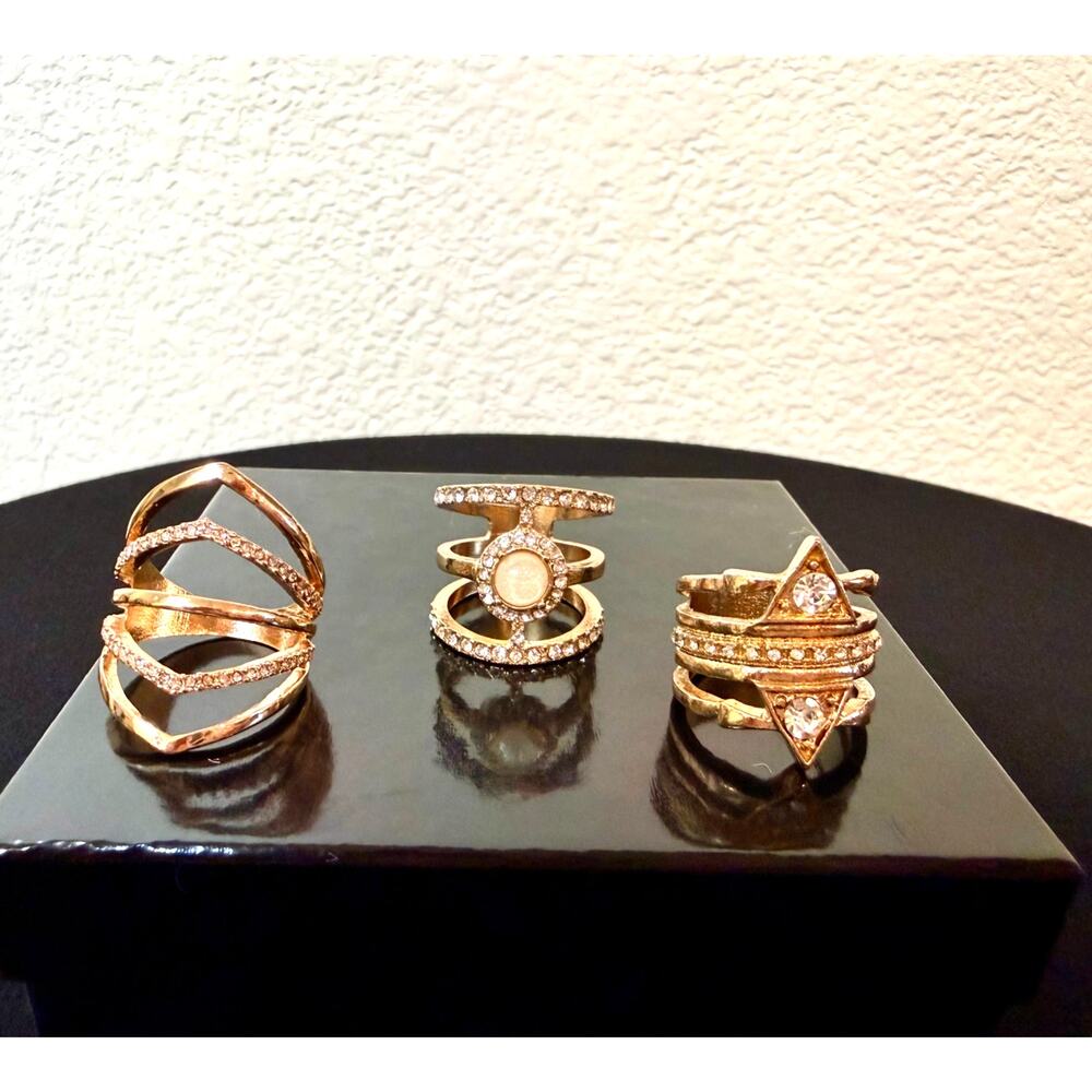 Gold Geometric Ring Set Textured Band Cutout Rhinestone Stacking Rings - Picture 5 of 11